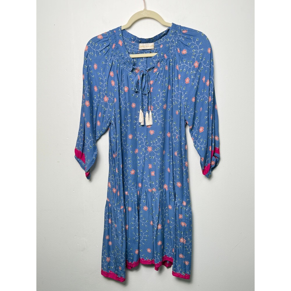 Natalie Martin Blue Floral Boho Tunic Dress Small Smocked Tie Neck Tassel